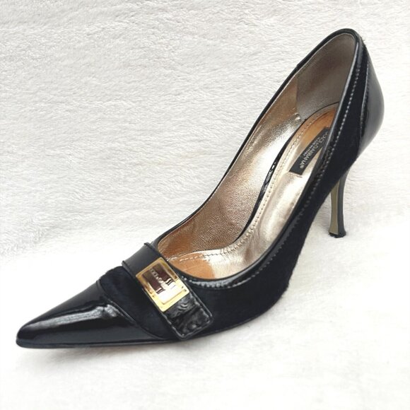 Dolce & Gabbana Logo decollete Pony Hair/Patent Leather Cap Toe Heels Pumps 7,5 - Picture 8 of 11